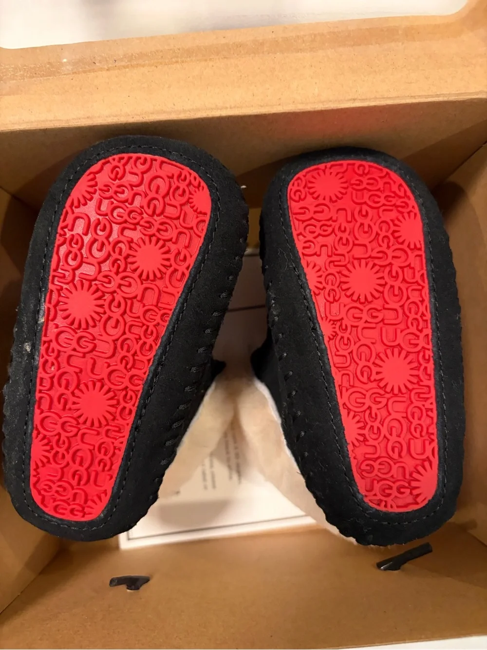 UGG Baby Moccasin Booties with Fur and Red Laces